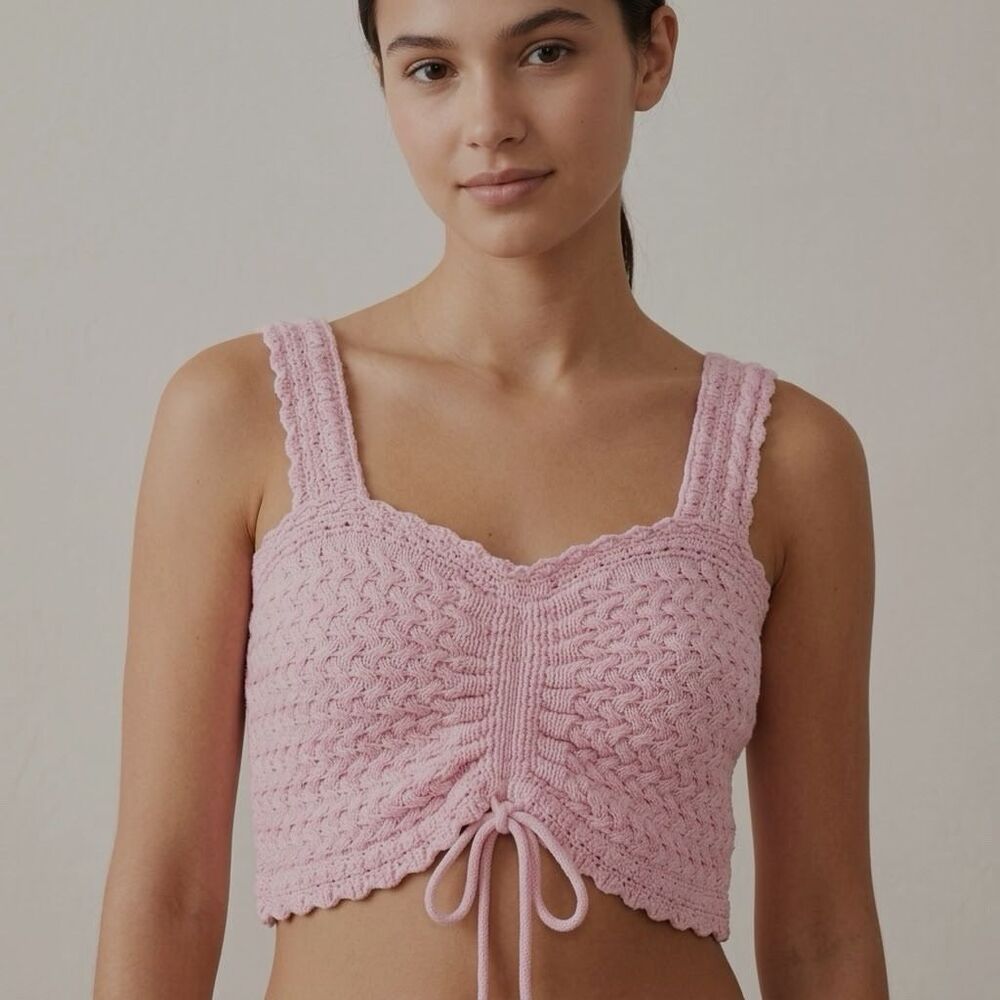Hollister Crochet Cable Knit Cami Women Sz S Pink Top Textured Drawstring Front